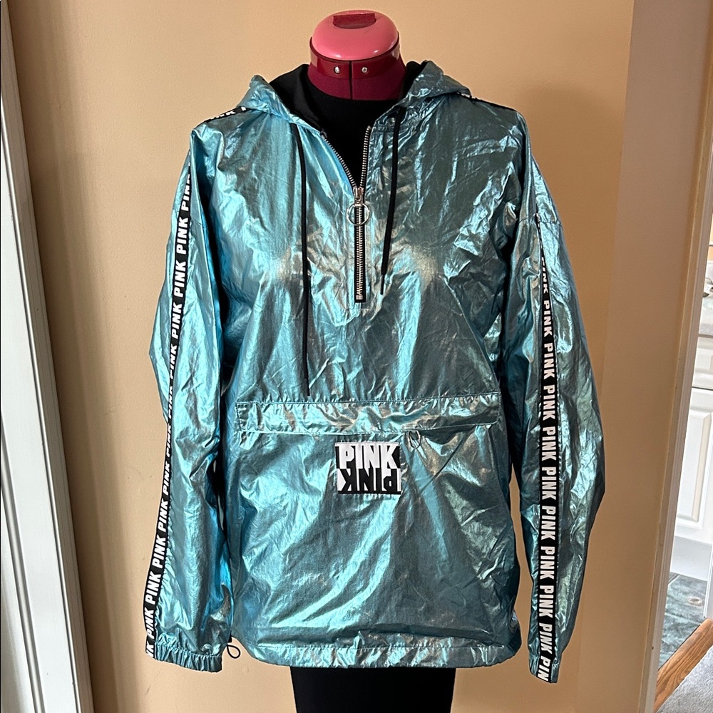 PINK Victoria's Secret Metallic Teal Hooded Anorak